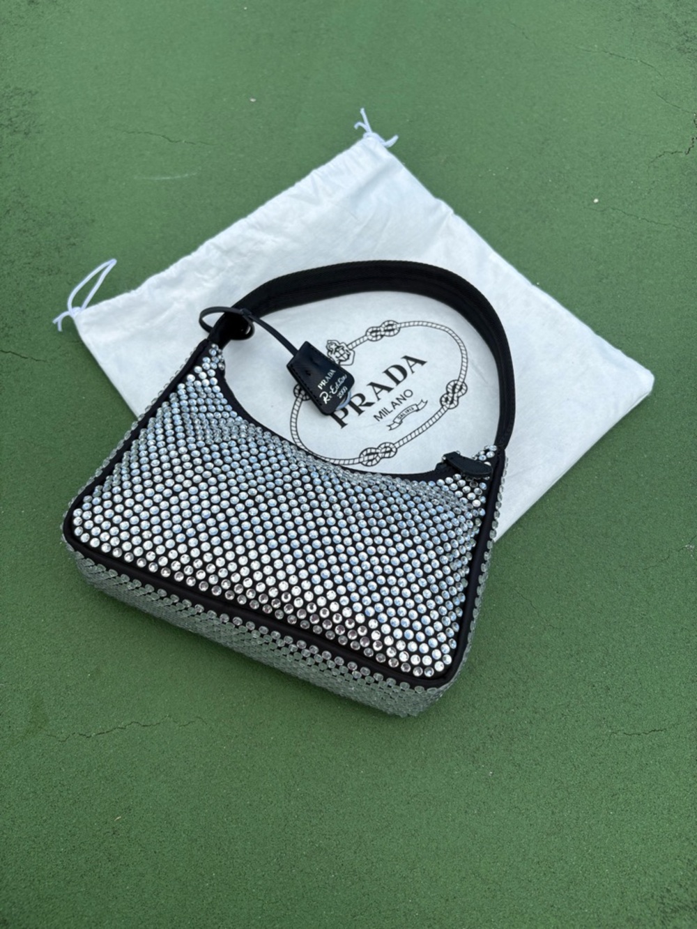 Prada Black Mini Shoulder Bag with Silver Crystal Studs - Picture 7 of 9